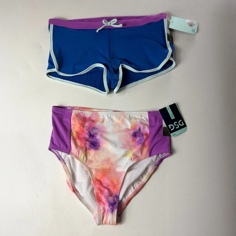 Lot of 2 DSG Girls XL 16 Swim Bottoms Blue Shorts Floral High Waist DSG7066 NWT